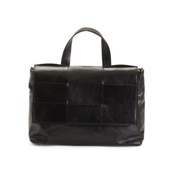 Black Anna Paola Italian Leather Woven Flap Satchel Handbag (NWT)